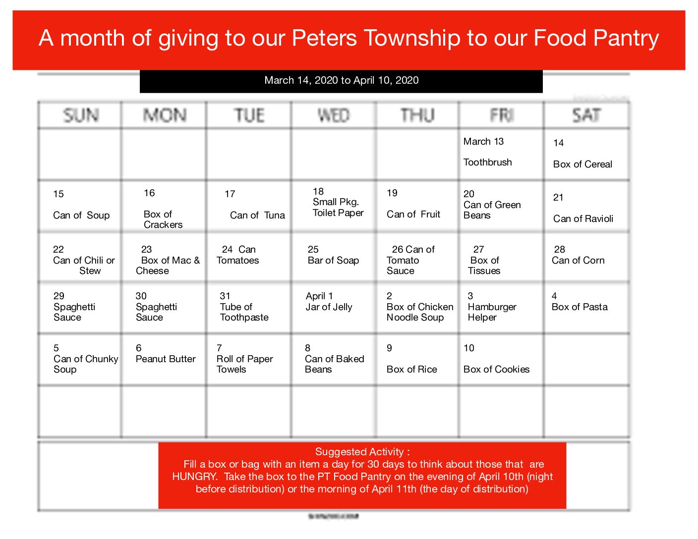 Food Pantry Calendar